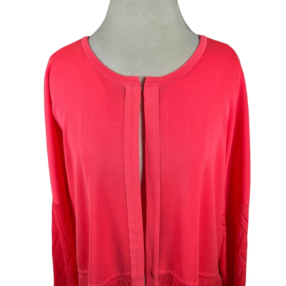 Misook Coral Pink Cardigan Diamond Cut-out Accents Boxy Artsy Chic Size XL